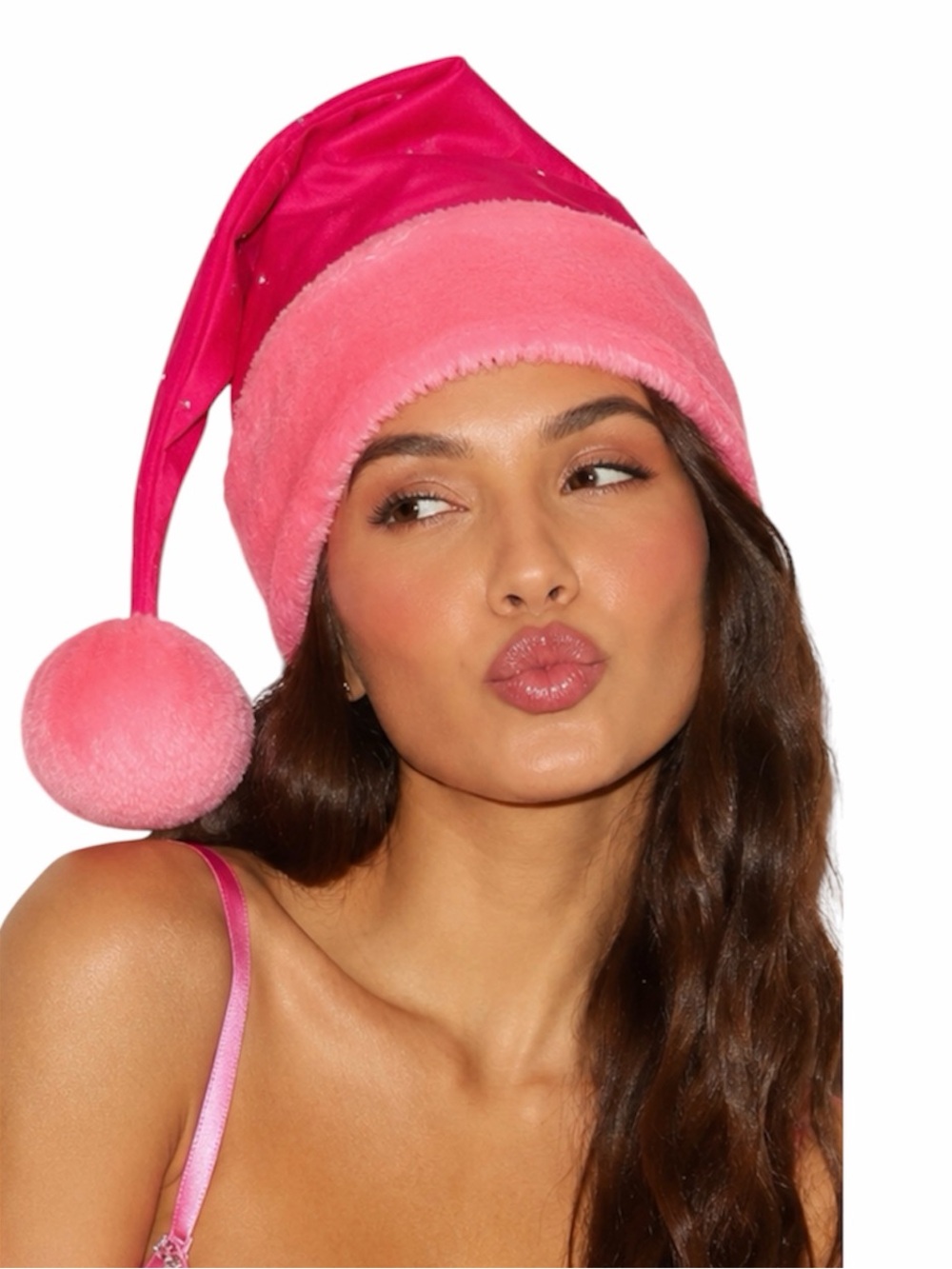 🦋Victoria's Secret Rhinestone Y2K Satin Faux Fur Trim Raspberry Pink Santa Hat